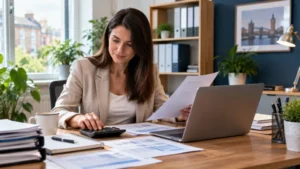 Bookkeeper reviewing financial records on a laptop