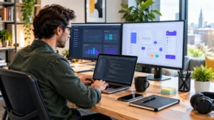 Developer creating niche software on a laptop