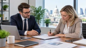 Consultant and client reviewing a consulting contract in a UK office