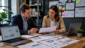 British business owner defining a company's brand position with a marketing consultant.