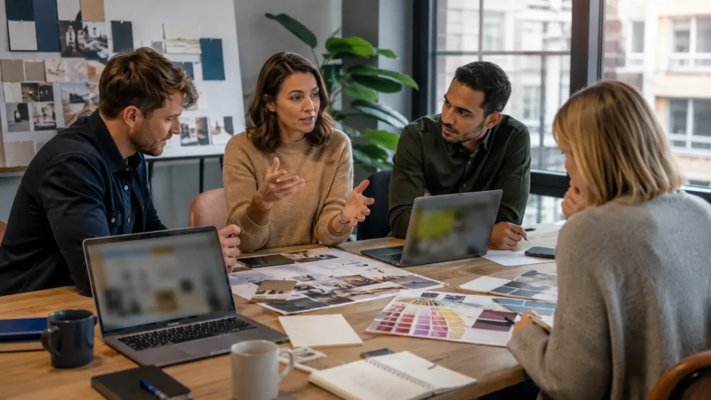 British business team developing a stronger brand strategy in a modern office.