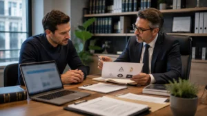British entrepreneur consulting a solicitor about registering a company trade mark.
