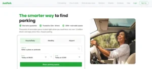 UK driver using JustPark-style parking technology to find and book a convenient parking space